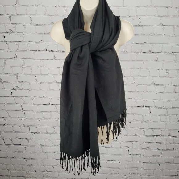 Royal Rossi Black 100% Cashmere Fringe Rectangle Scarf Wrap 70x30" - Picture 1 of 5